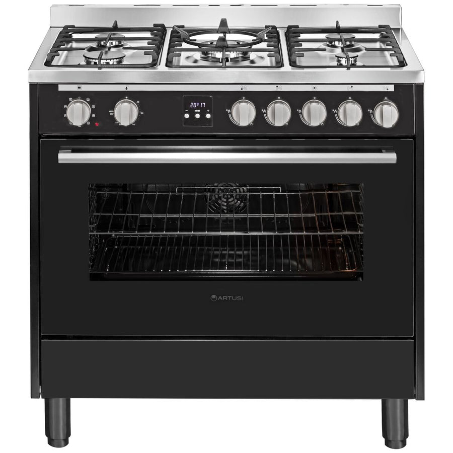 Artusi 90cm dual fuel freestanding oven - Matte Black, 100L, 5 gas burners with wok - AFG915B-1