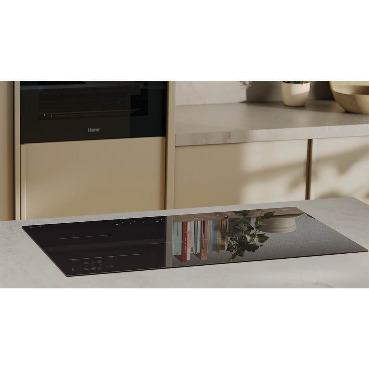 Haier 90cm 300 Series induction cooktop - five cook zones - black glass - touch controls - HCI905TB4