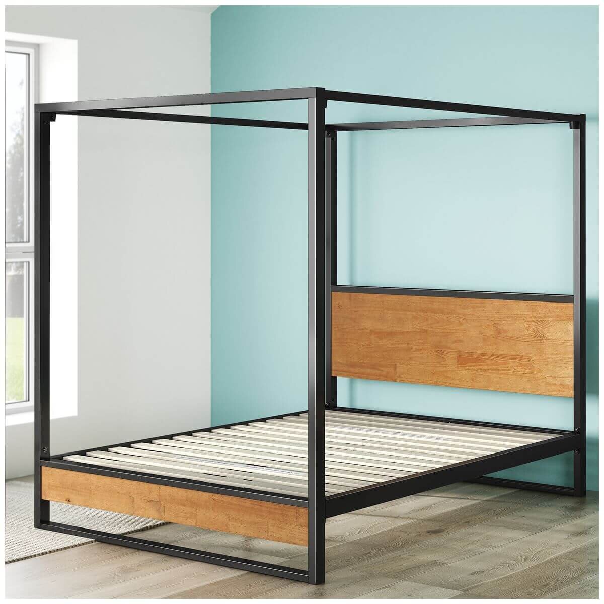 Zinus Ironline Queen canopy bed frame - black steel with wood accents, non-slip slats - AU-IRPBHC-14Q