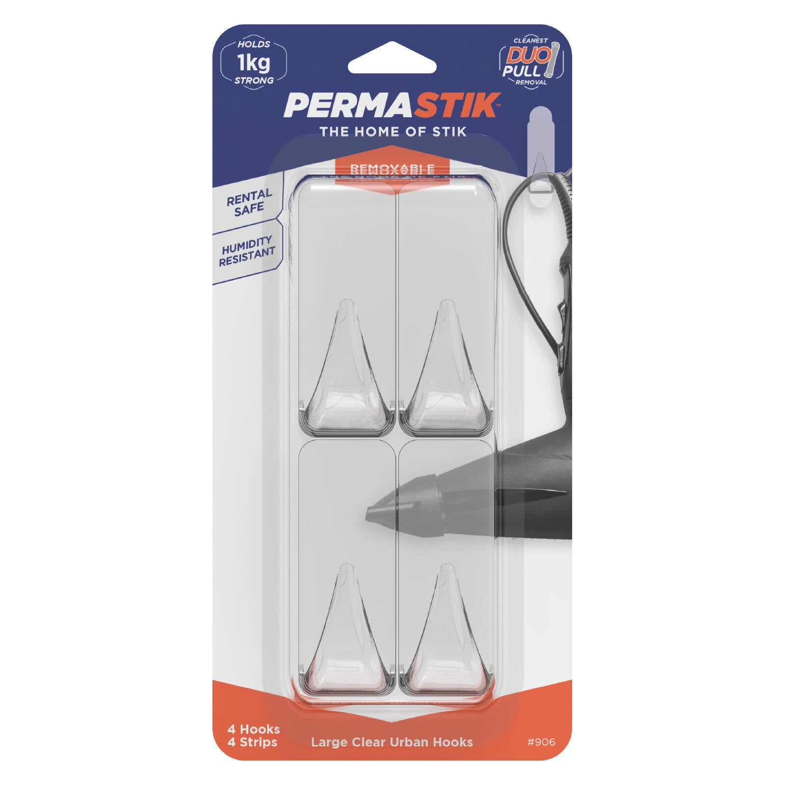 Permastik Large Clear Plastic Adhesive Urban Hooks 4 Pack Removable