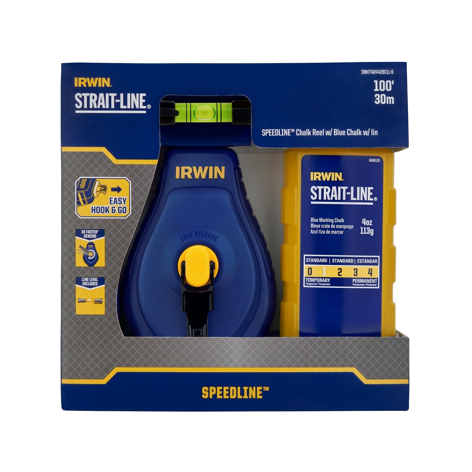 Irwin Strait-Line Speedline Chalk Reel 30m with Blue Chalk and Line Level