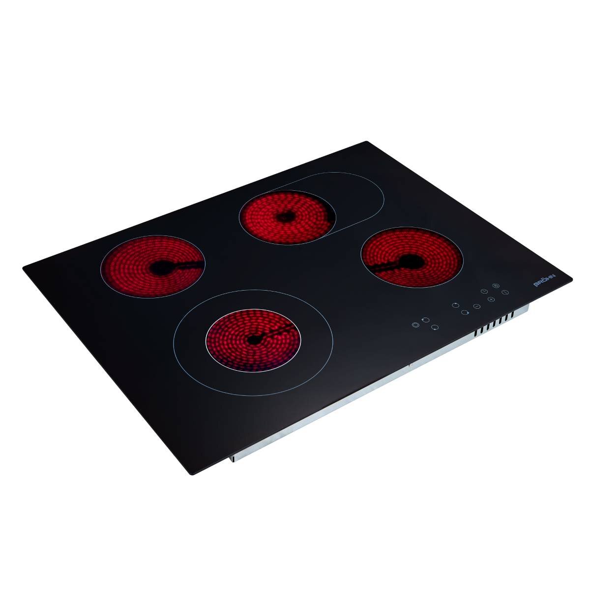 Brohn 70cm Ceramic Cooktop - Black Glass, 4 Zones with Dual Zone, Touch Control, Overflow Detection - 2KC472