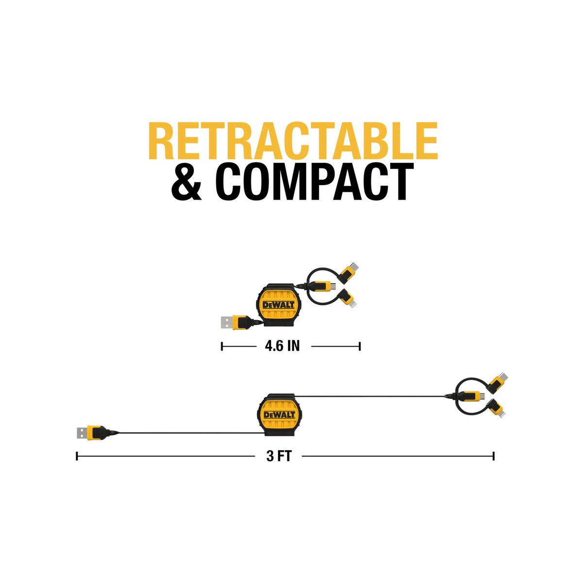 Dewalt 1m Retractable Charging Cable - 3 in 1 Type C, Micro USB, Lightning - Kevlar Reinforced - SuperSaverAU - view 4