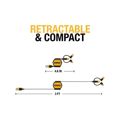 Dewalt 1m Retractable Charging Cable - 3 in 1 Type C, Micro USB, Lightning - Kevlar Reinforced