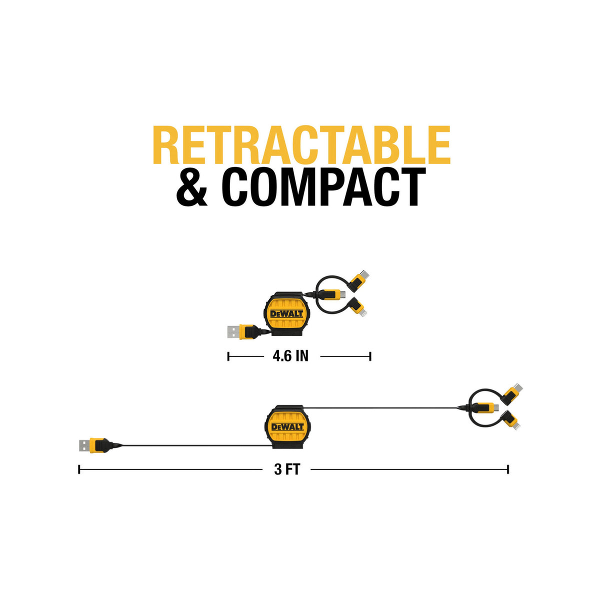 DeWALT 1m 3-In-1 Retractable Charging Cable Lightning Type-C Micro-USB Kevlar 1311364DWE