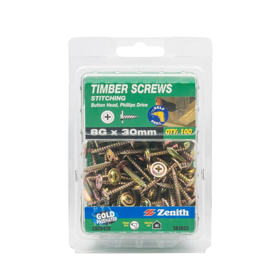 Zenith Gold Passivated Button Head Timber Screws 8g x 30mm 100 Pack - SuperSaverAU - view 1