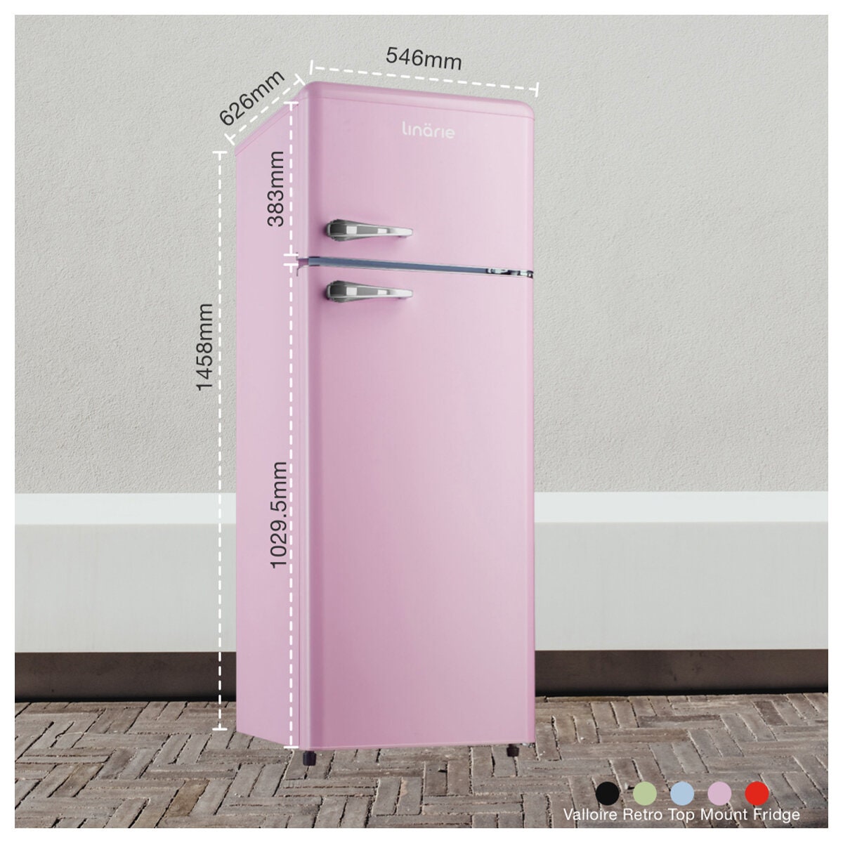 Linarie 209L Retro Top Mount Fridge - Pink Finish, Adjustable Shelves, 3 Star Energy - LK200DDPINK