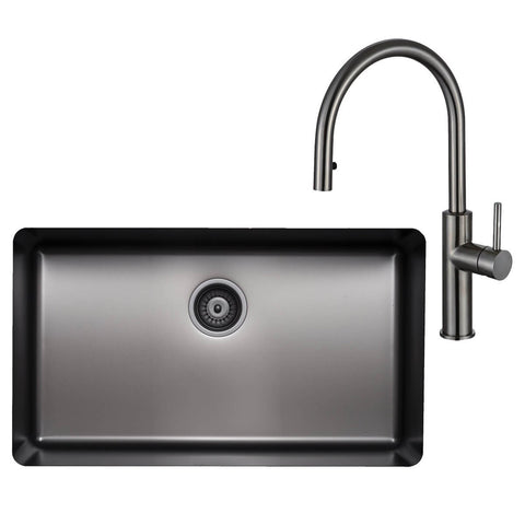 Titan Essentials 750mm Single Bowl Sink and Pull Out Gooseneck Mixer Tap Package - Gunmetal - 57L - TSGMPK702