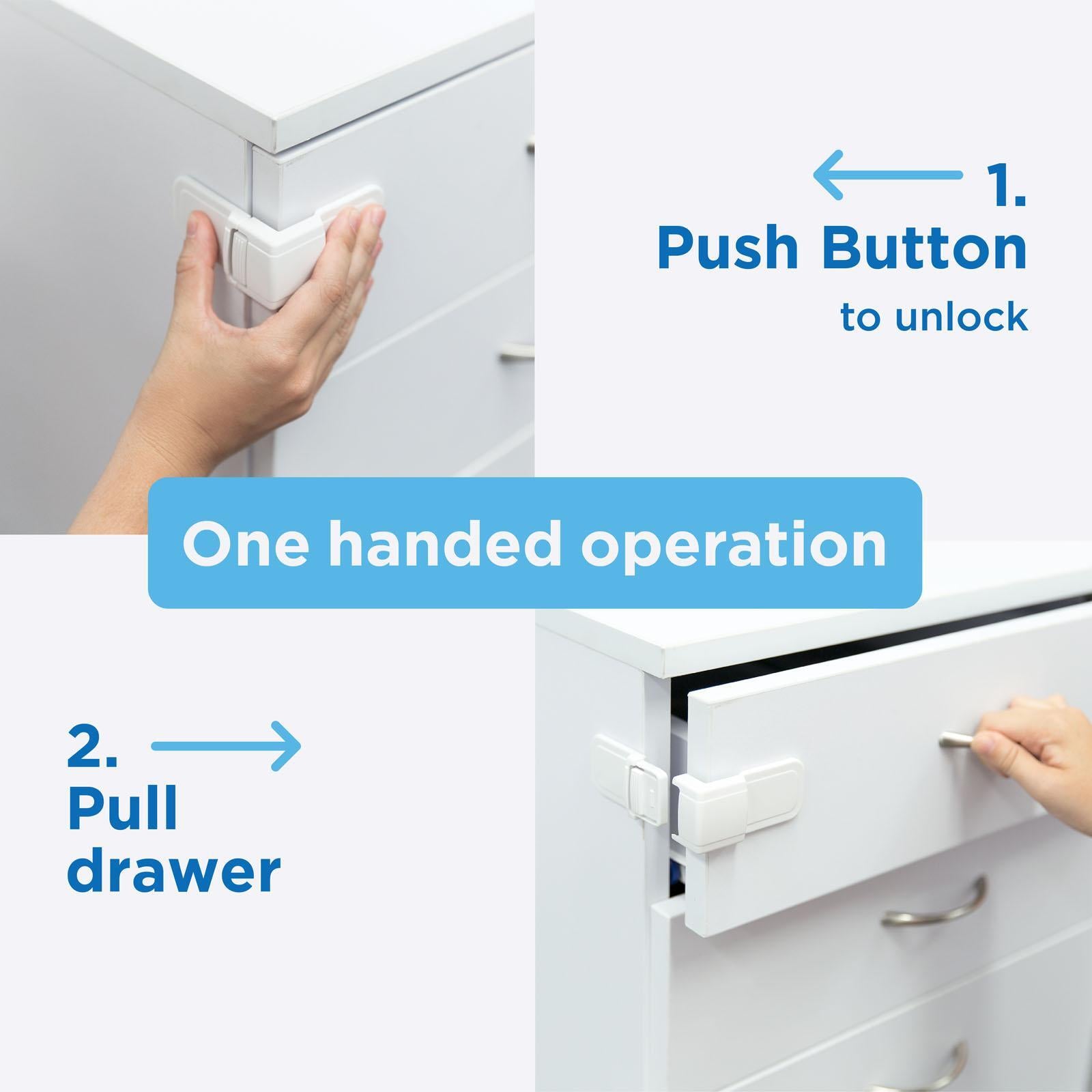 Perma Child Safety Adhesive Corner Drawer Locks - 2 Pack, Self-Locking White