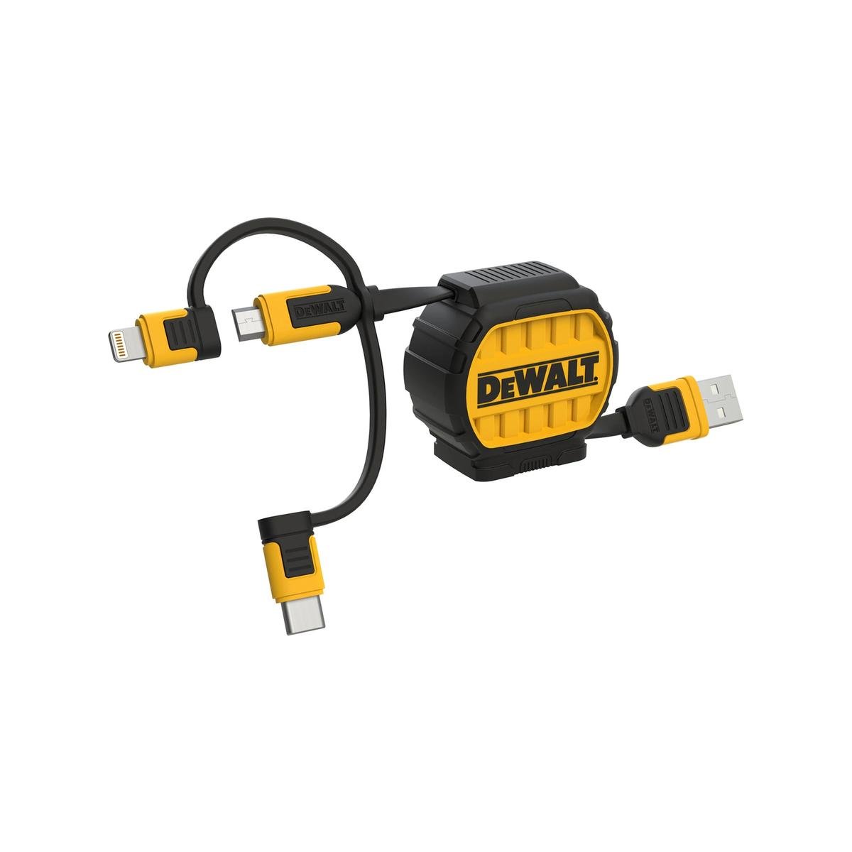 Dewalt 1m Retractable Charging Cable - 3 in 1 Type C, Micro USB, Lightning - Kevlar Reinforced