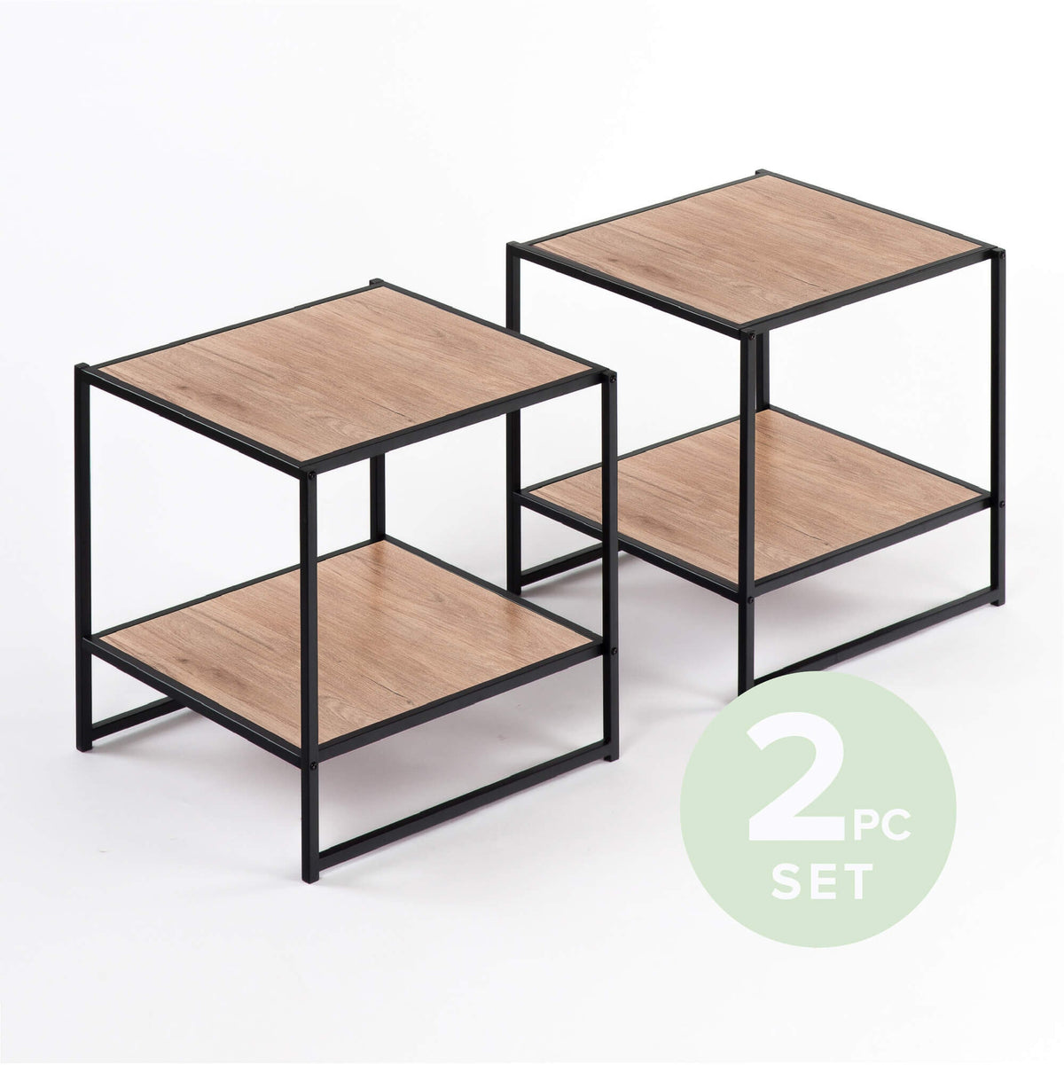 Zinus Modern Studio Bedside Table Set of 2 - Brown MDF with Metal Frame and Lower Shelf - AU-COMBOB