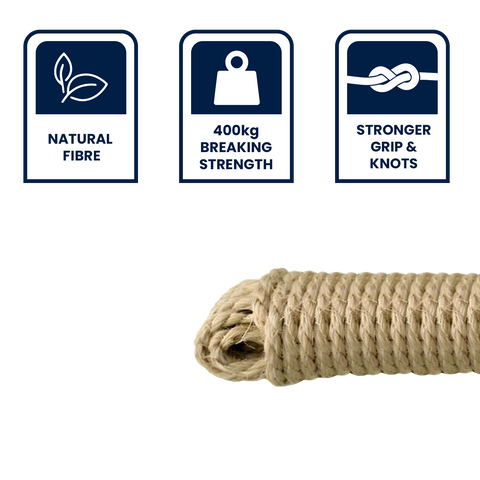 Grunt 10mm x 10m Sisal Twisted Rope, Natural Fibre, 400kg Break Strength, Weather Resistant