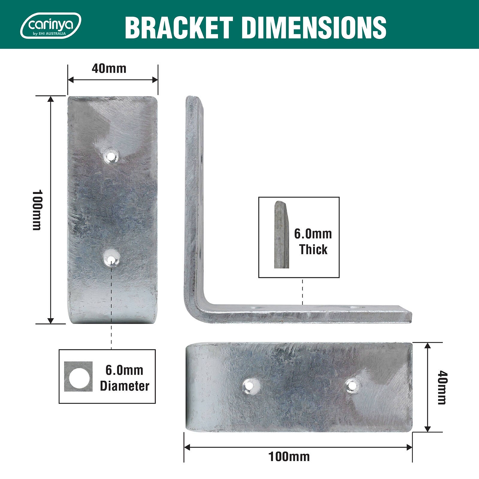 Carinya 100 x 100 x 40 x 6mm Galvanised Steel Reinforcing Angle Bracket - 300kg