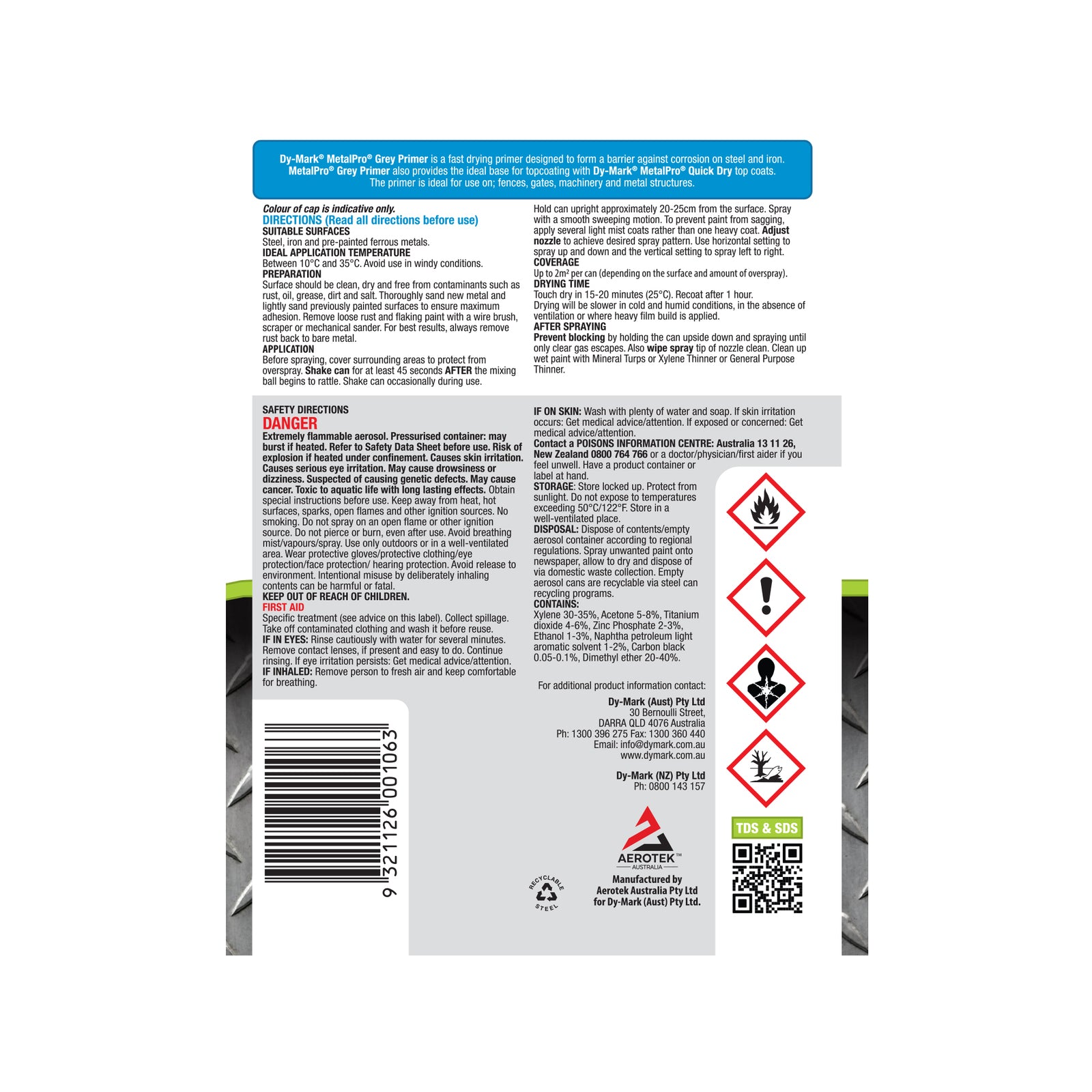 Dy-Mark MetalPro Grey Primer 350g Anti-Corrosion Metal Spray Primer