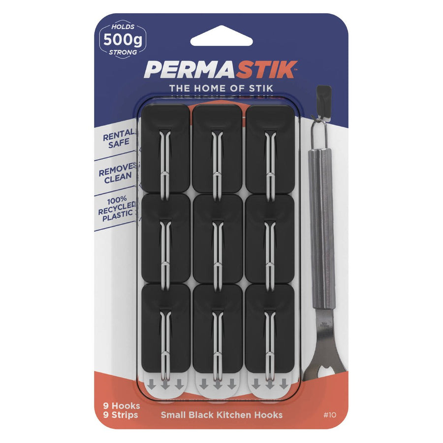 Permastik Small Black Kitchen Hooks 9 Pack - 22mm x 40mm - Holds 500g - SuperSaverAU - view 1