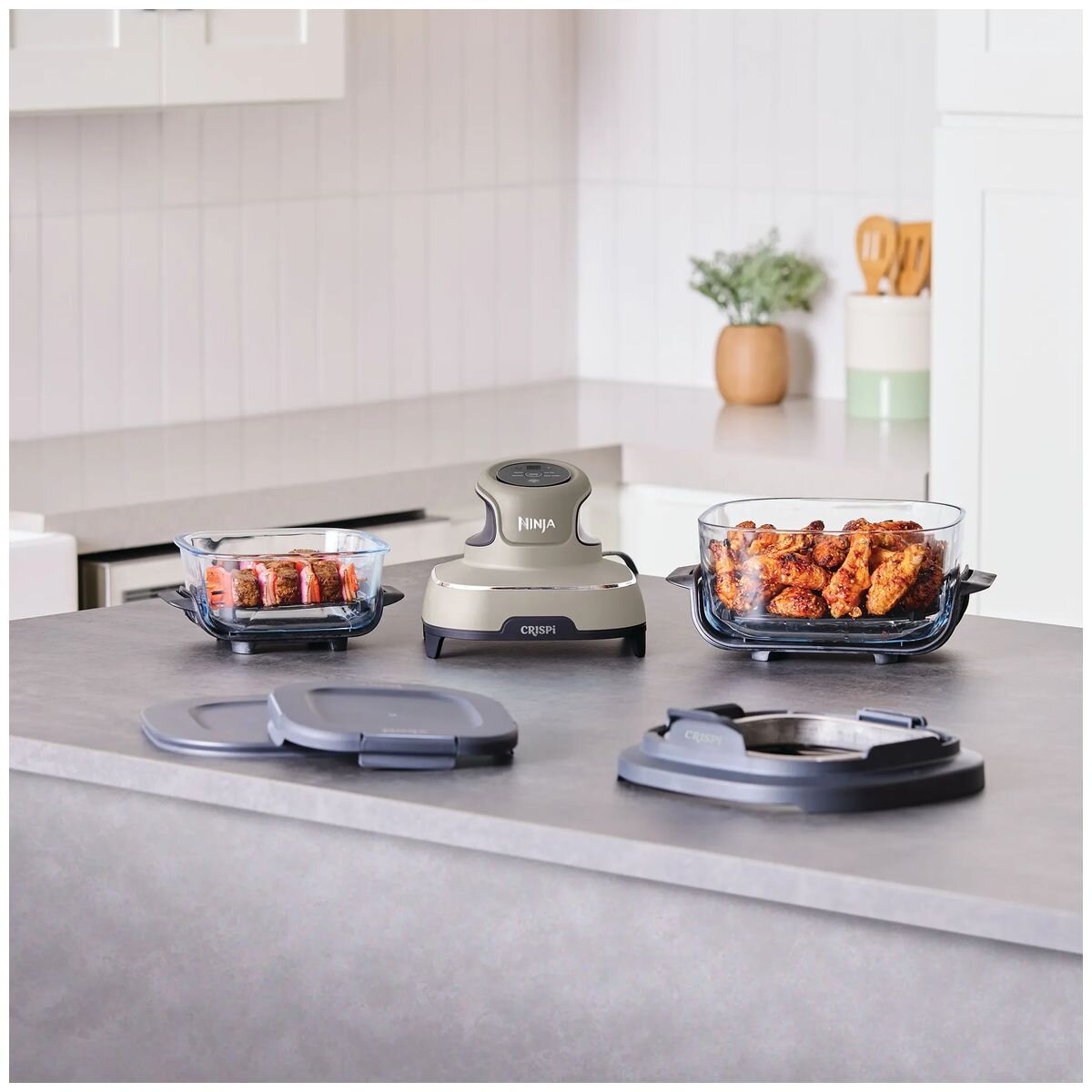 Ninja Crispi 4-in-1 Portable Glass Air Fryer - Stone Grey Finish, Glass Bowl, Compact Size - FN101ST