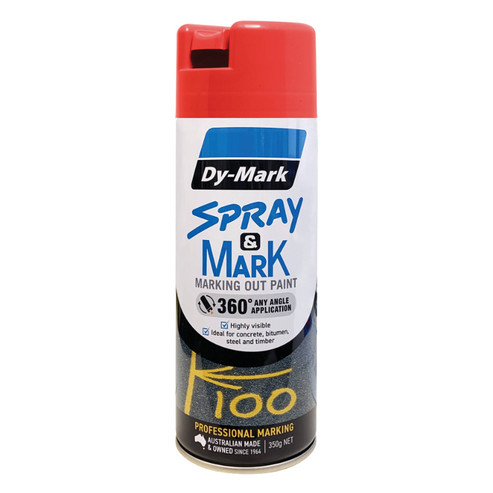 Dy-Mark 350g Fluoro Red Spray & Mark Paint - Gloss, High Opacity, Splatter Resistant Outdoor