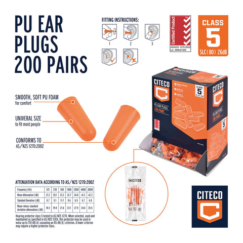 Citeco Class 5 PU Foam Ear Plugs 200 Pairs Uncorded