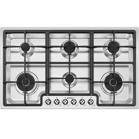 Smeg 90cm 6 Burner Gas Cooktop - Stainless Steel - Two 15MJ Wok Burners - Ultra Low Profile - PGA962