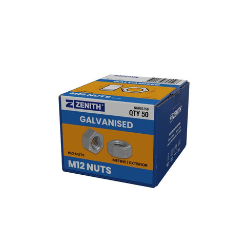 Zenith Hot Dip Galvanised Hex Nuts M12 50 Pack 4.6 Grade Steel Durable - SuperSaverAU - view 1