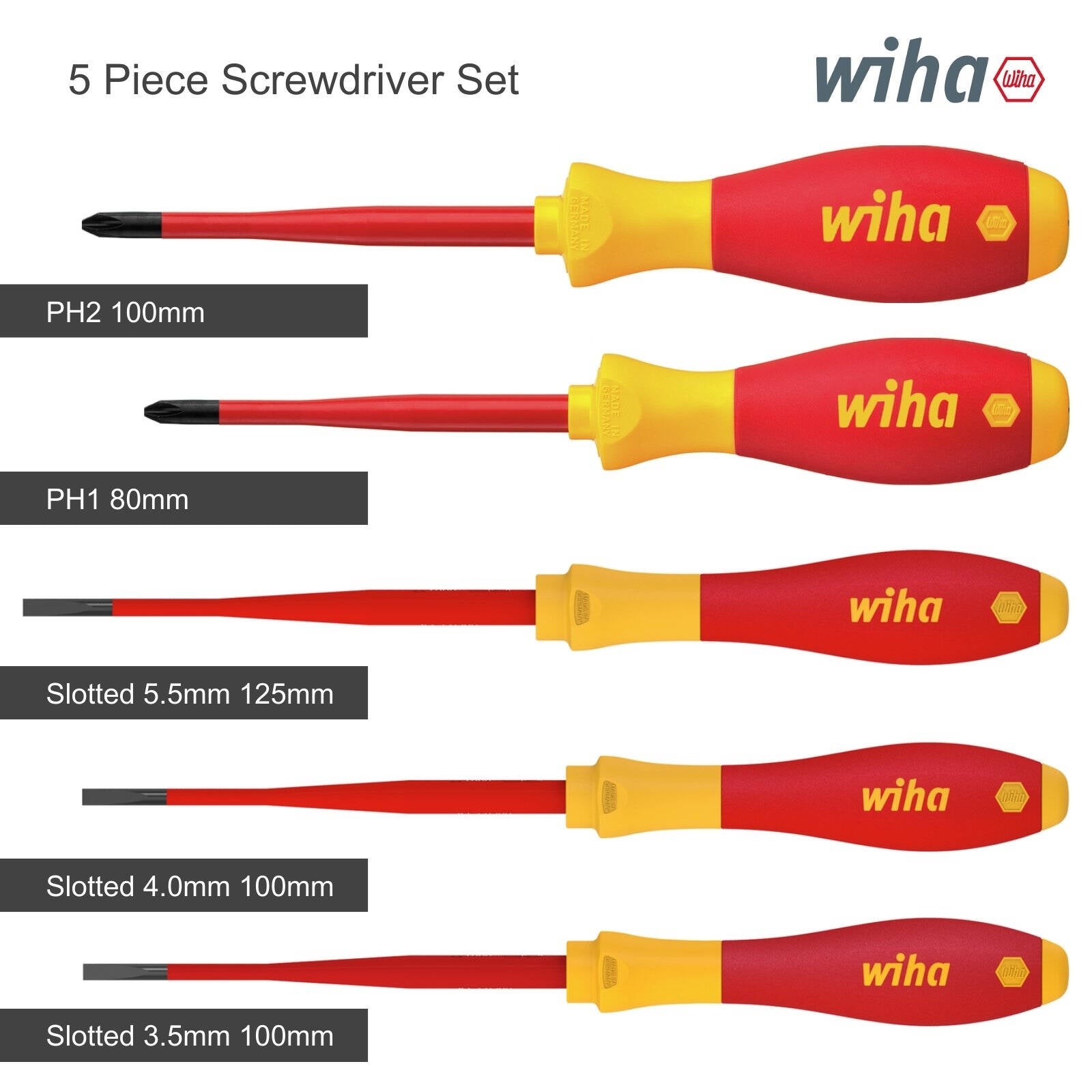 Wiha 5 Piece Insulated VDE Screwdriver Set Slotted and Phillips Red/Yellow