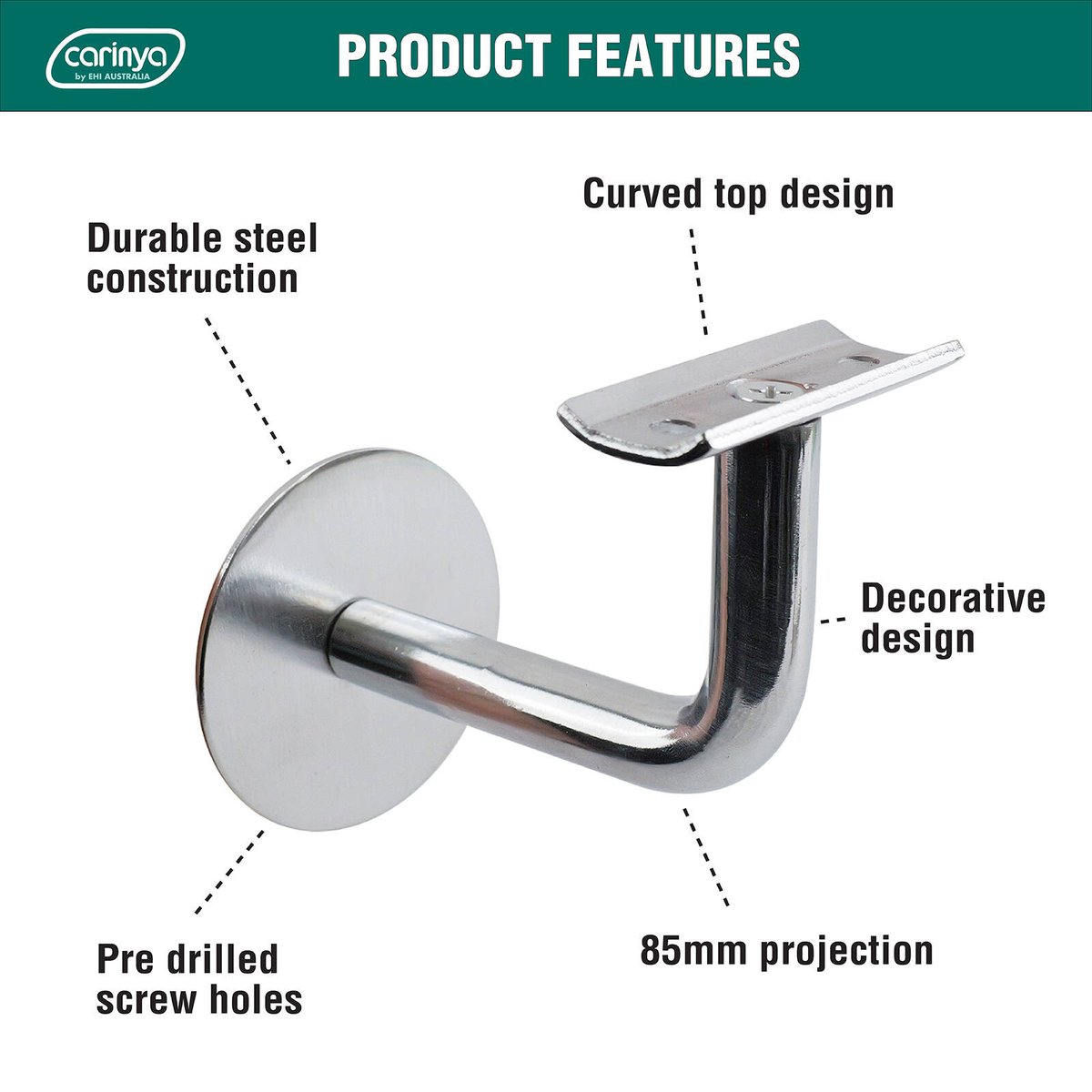 Carinya Handrail Bracket - 160mm x 220mm - Chrome Plated Steel - Curved Top - SuperSaverAU - view 5