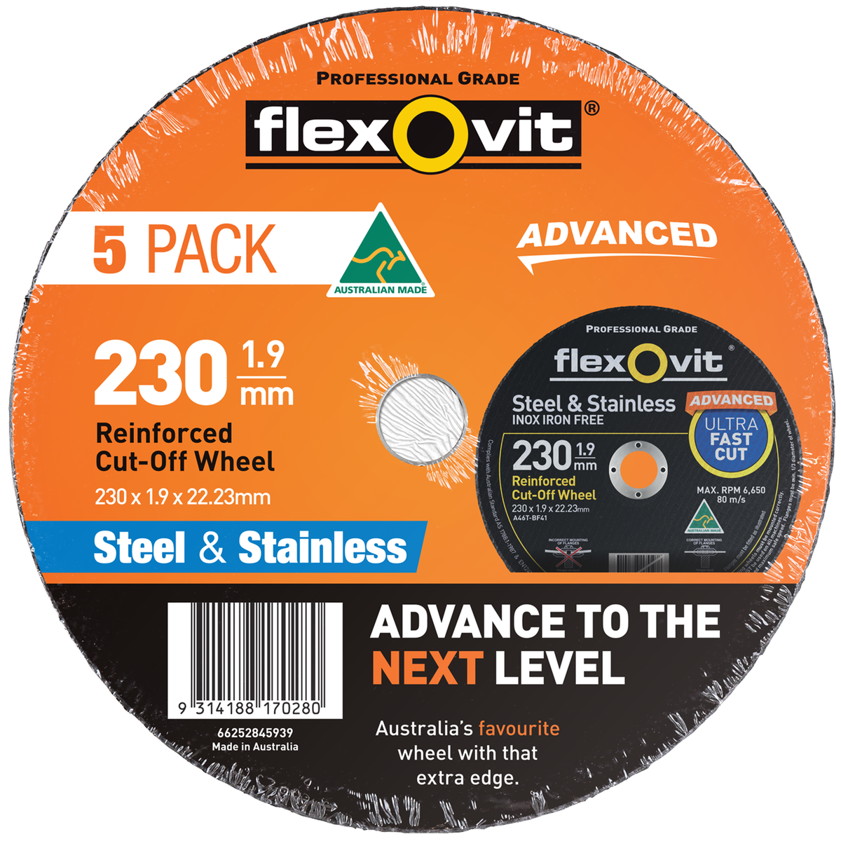 Flexovit Cut Off Wheel - 230mm - Aluminium Oxide - 5 Pack - Burr-Free - SuperSaverAU - view 1