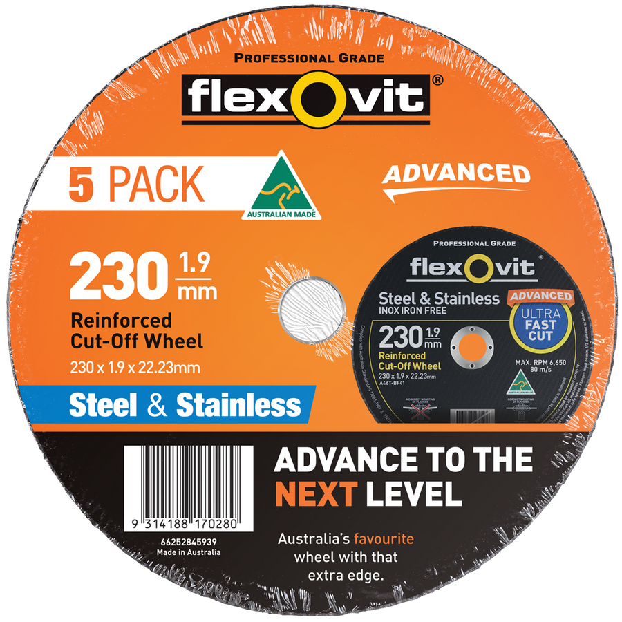 Flexovit Cut Off Wheel - 230mm - Aluminium Oxide - 5 Pack - Burr-Free - SuperSaverAU - view 1