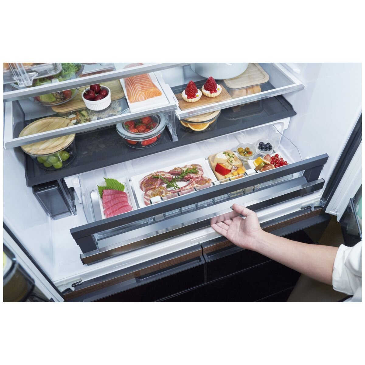 Hitachi 670L French Door Fridge - Mauve Grey Glass, Vacuum Compartment, Made in Japan - R-GW670TAXM