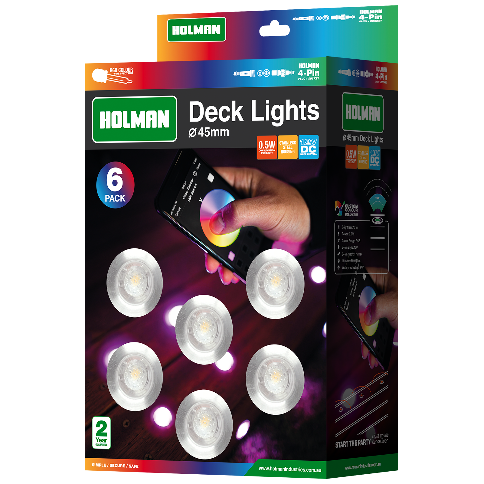 Holman 45mm 12V RGB Colour Outdoor Deck Light 6 Pack Waterproof DLRGB4505
