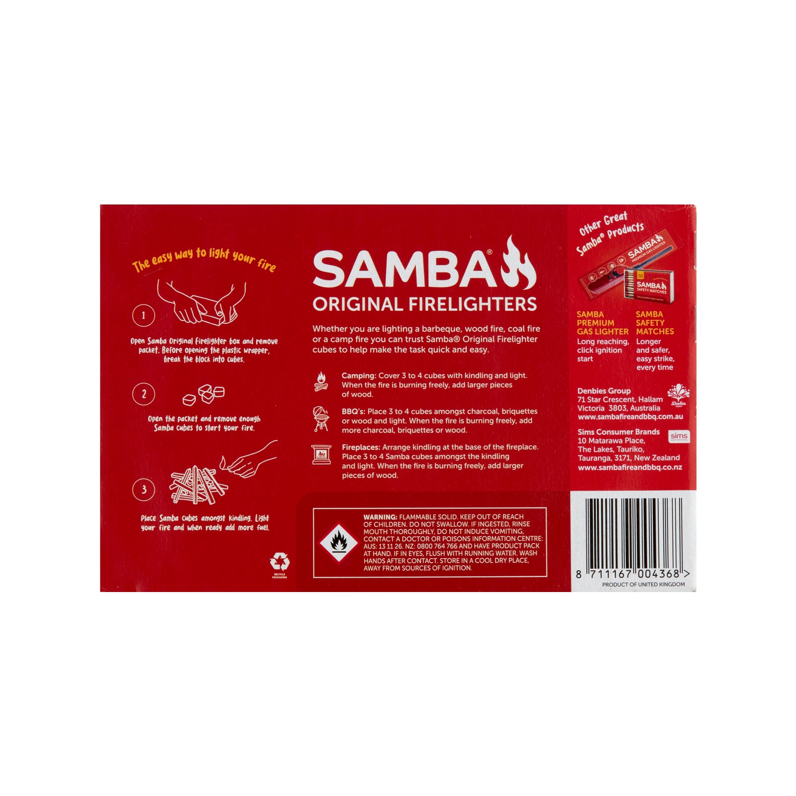 Samba Original Firelighters - 36 Pack, White Cubes for BBQ & Wood Fires