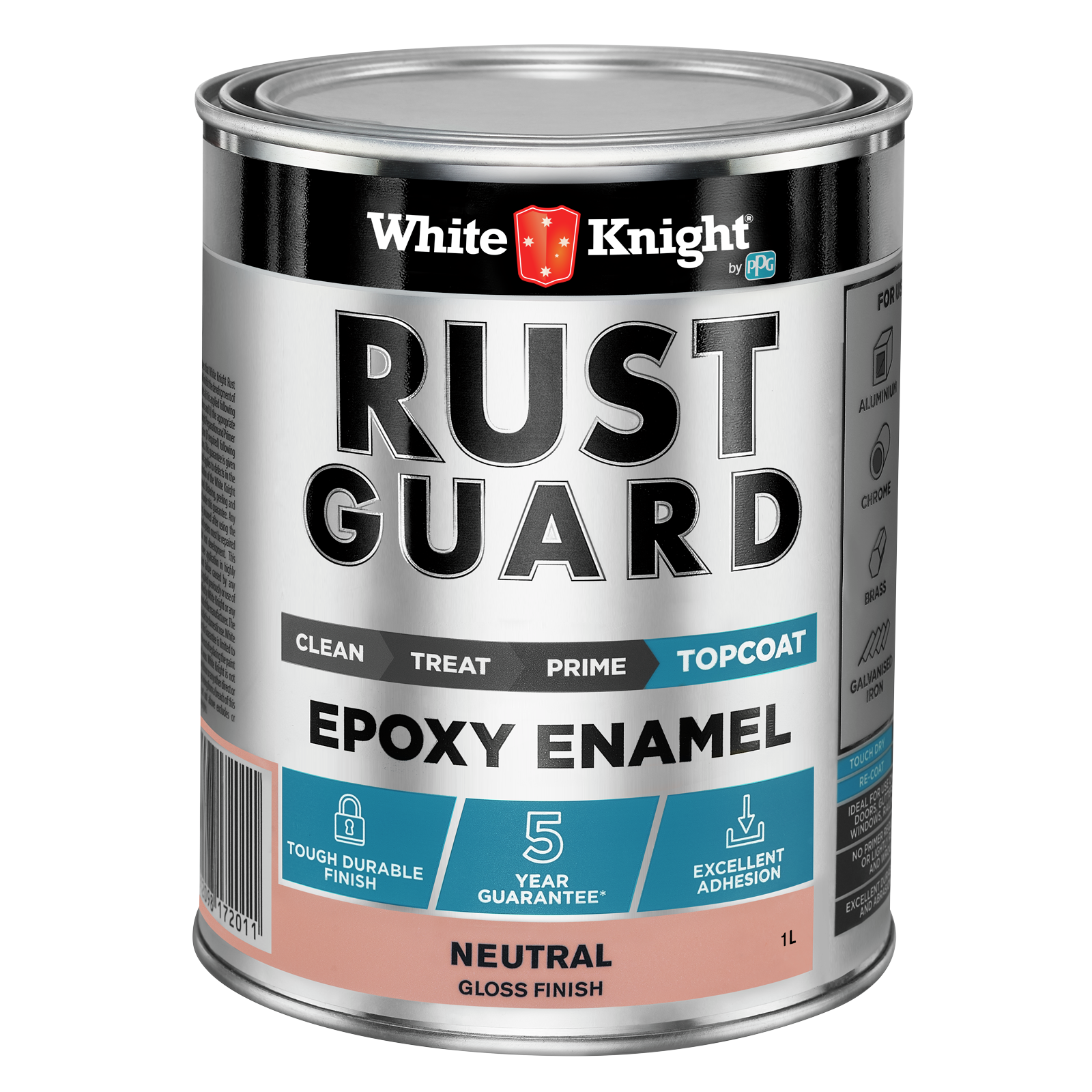 White Knight Rust Guard 1L Neutral Gloss Epoxy Enamel Paint, Solvent-Based, One-Step for Metal Surfaces