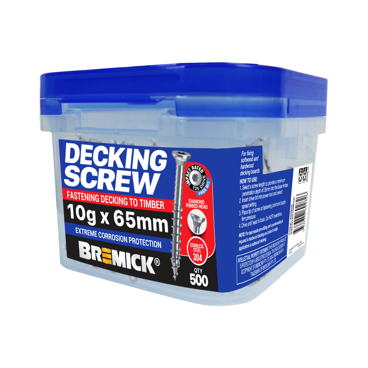 Bremick Decking Screw 10g x 65mm - Spiral Rib T25 - Stainless Steel 304 - 500 Pack - SuperSaverAU - view 1