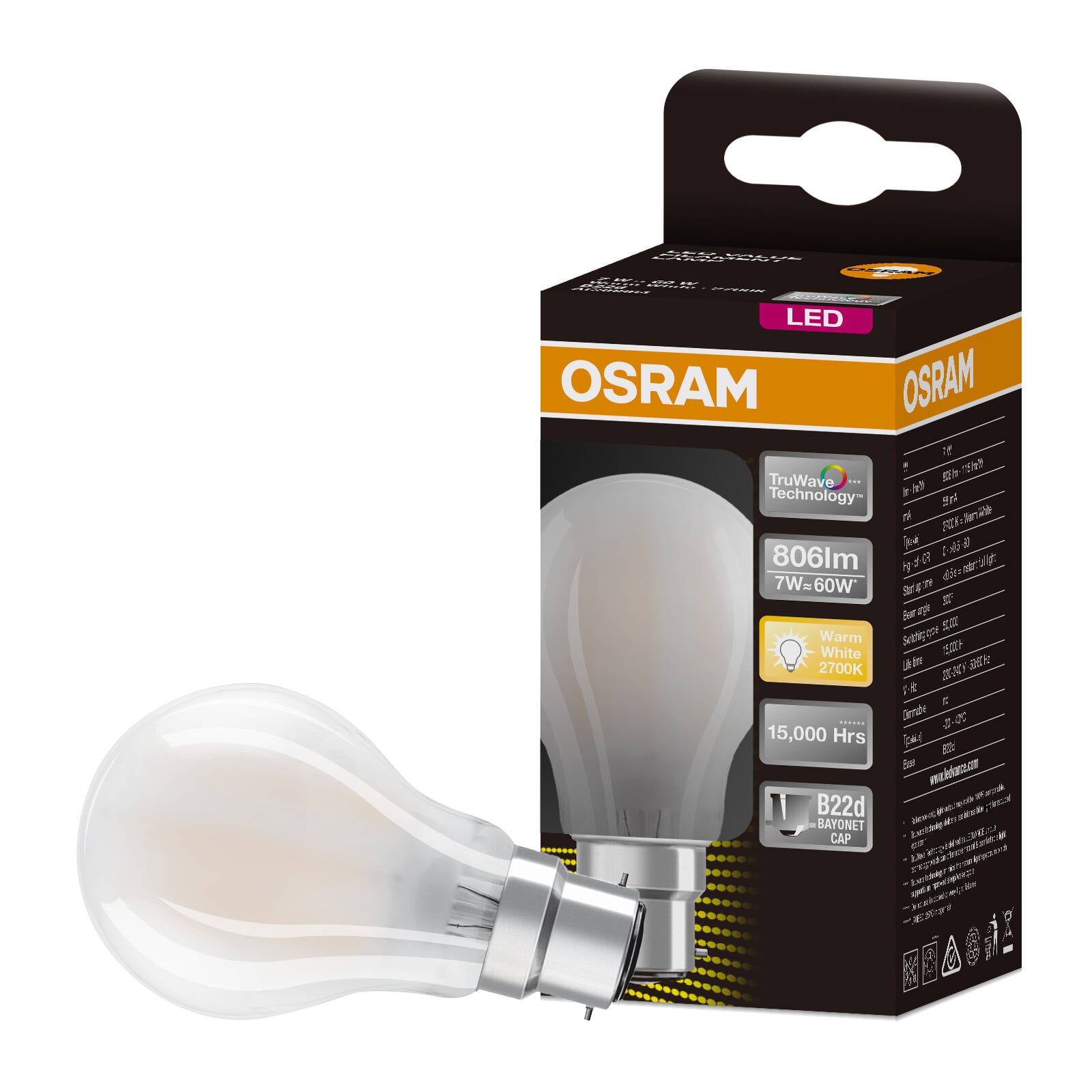 Osram 7W 806lm Warm White B22 Frosted Filament LED Globe 3000K