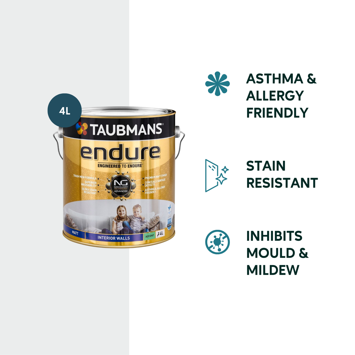 Taubmans 4L Accent Matt Endure Interior Walls Paint - 4L - Stain Resistant, Low Odour - SuperSaverAU - view 2