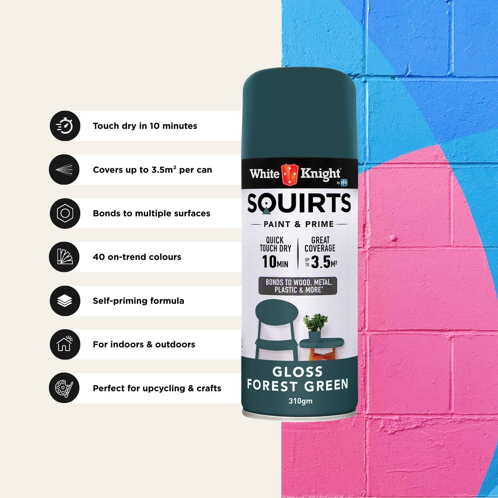 White Knight Squirts Forest Green Gloss Spray Paint 310g - Solvent-Based, UV Resistant