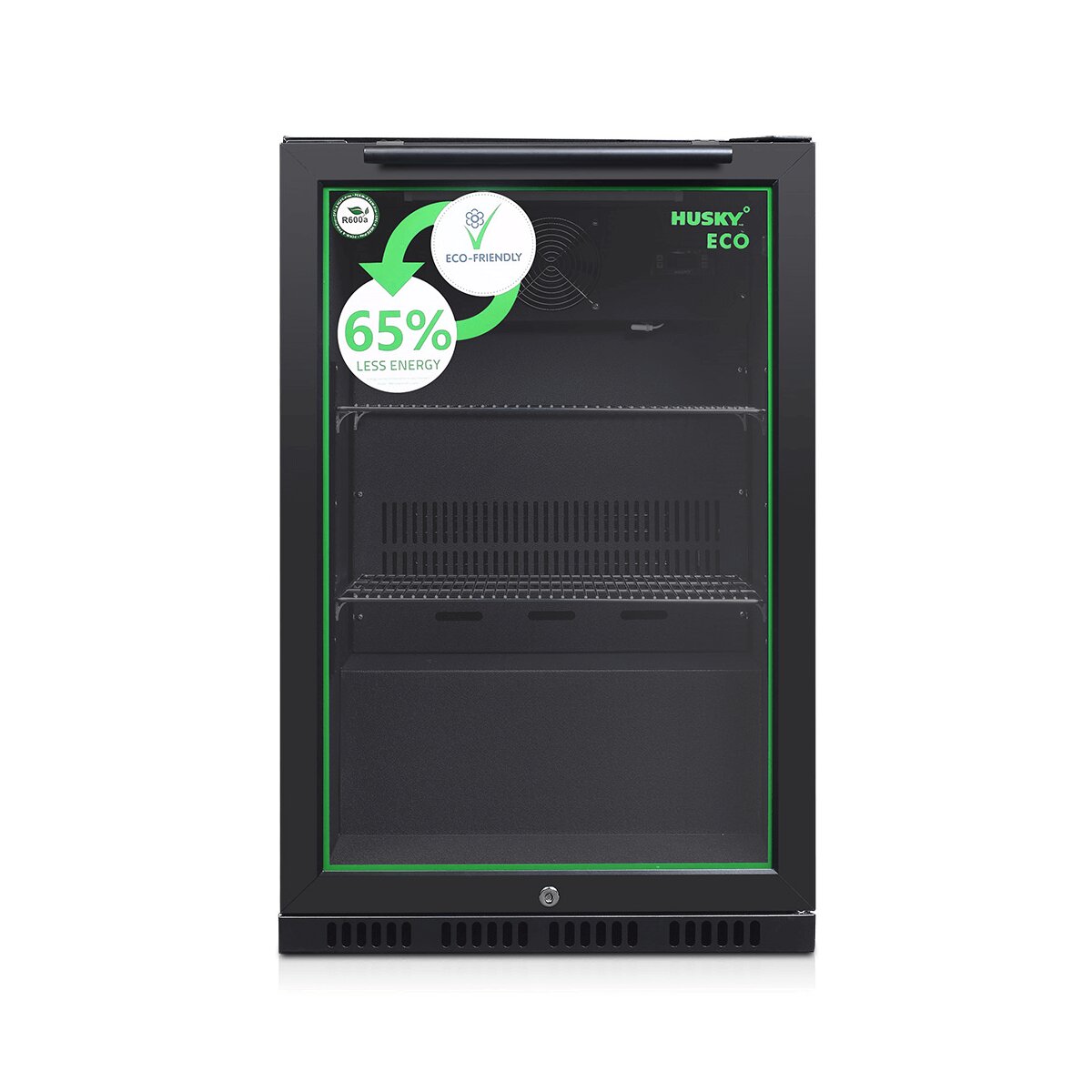 Husky 90L single door homebar drinks chiller - black, glass door, LED eco-lighting - C1HECO840BKAU