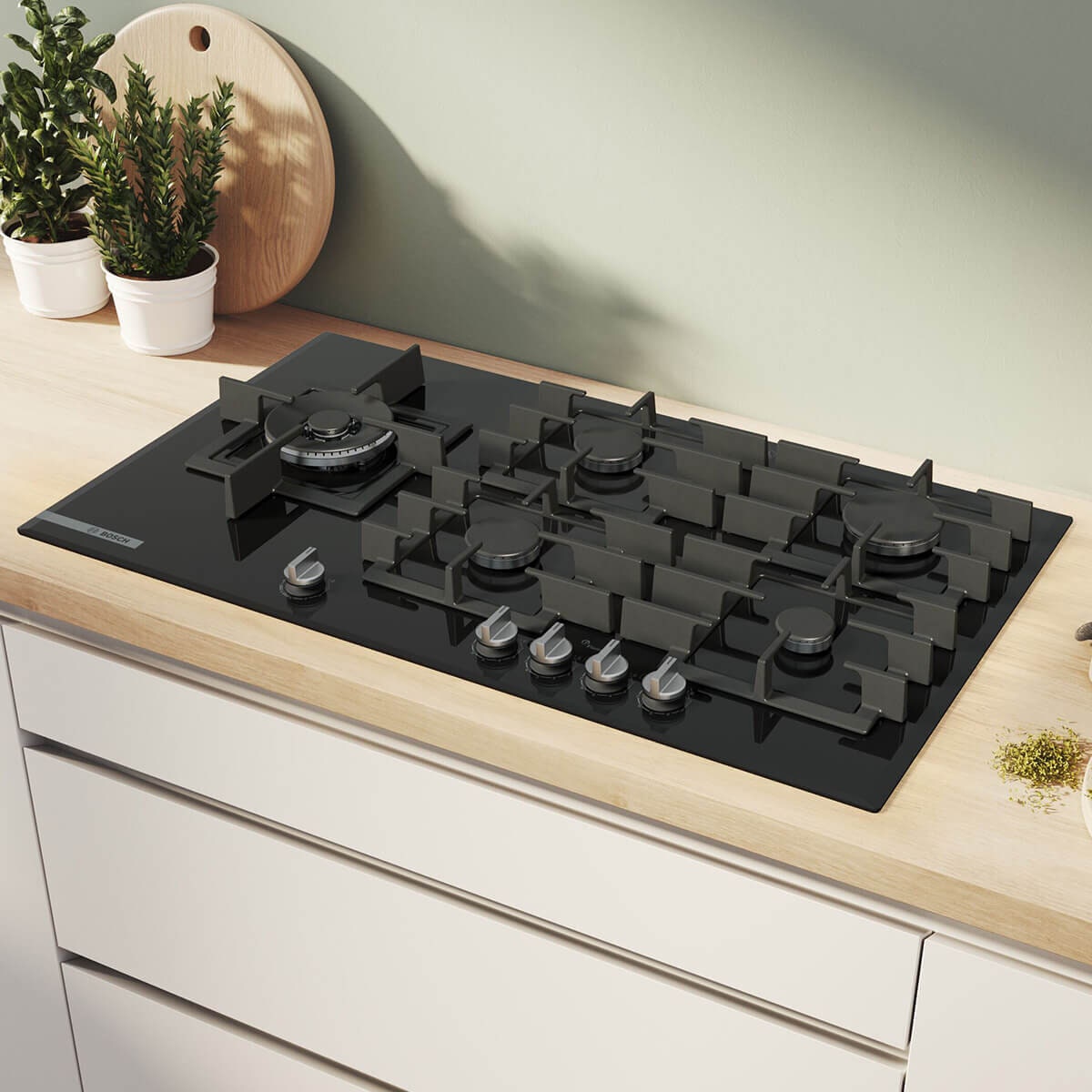 Bosch 90cm Series 8 Natural Gas Cooktop - Black Tempered Glass, FlameSelect, Home Connect - PRS9A6H40A