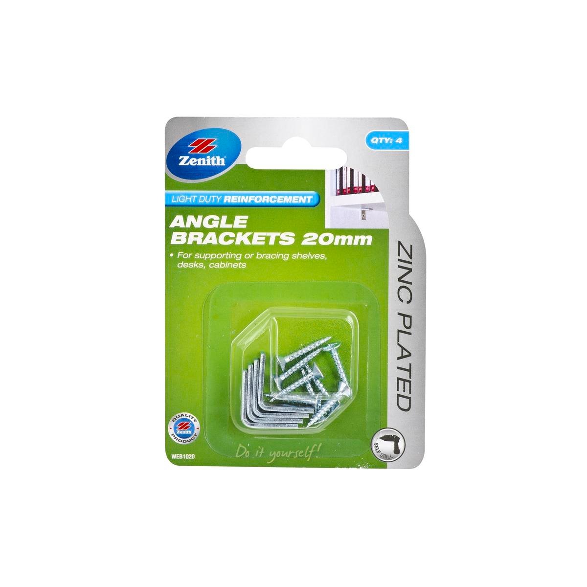 Zenith 20mm Angle Brackets - Zinc Plated Steel - 4 Pack - Corrosion Resistant - SuperSaverAU - view 1