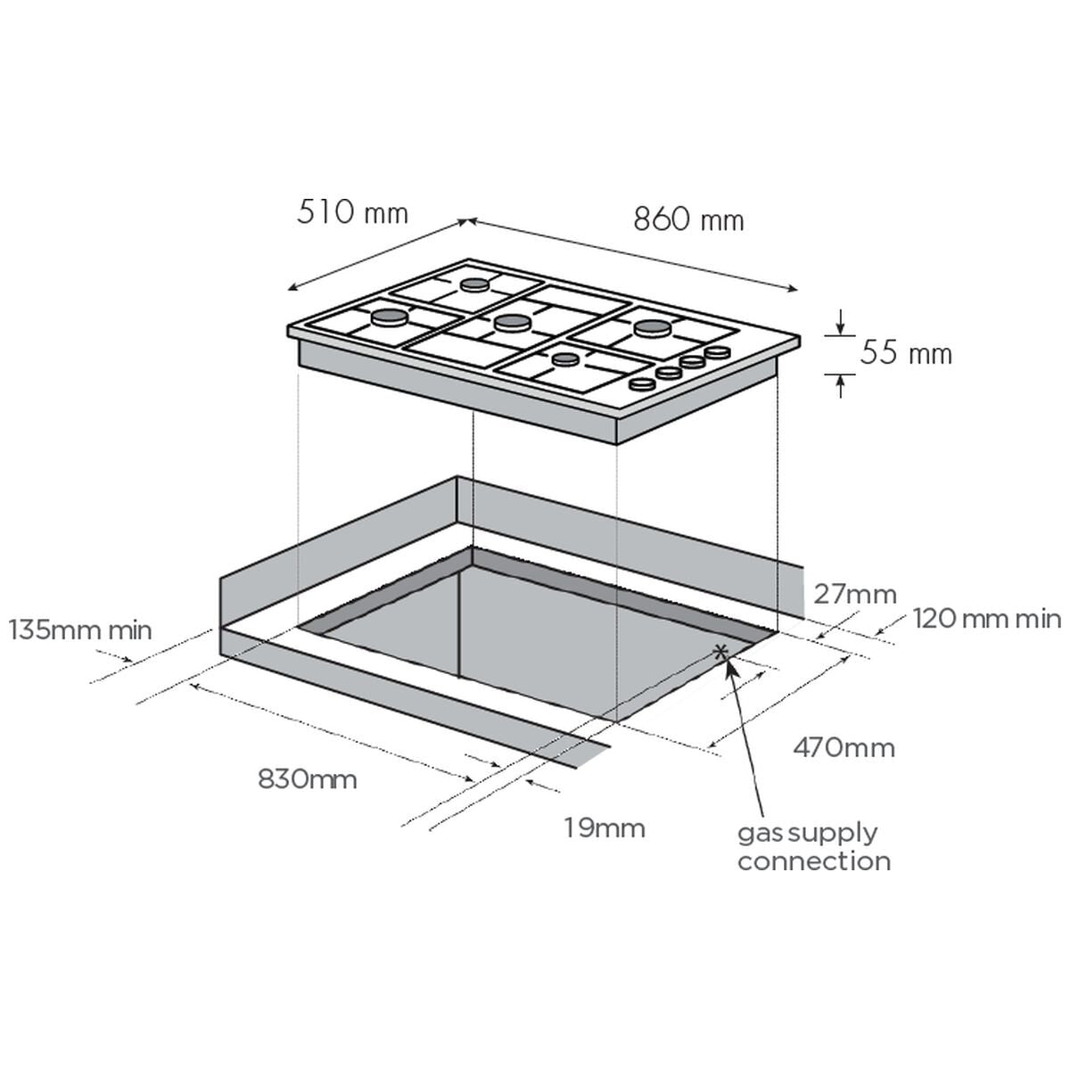 Chef 90cm Natural Gas Cooktop - Stainless Steel, Five Burners, Wok Burner, Cast Iron Trivets - CHG954SC