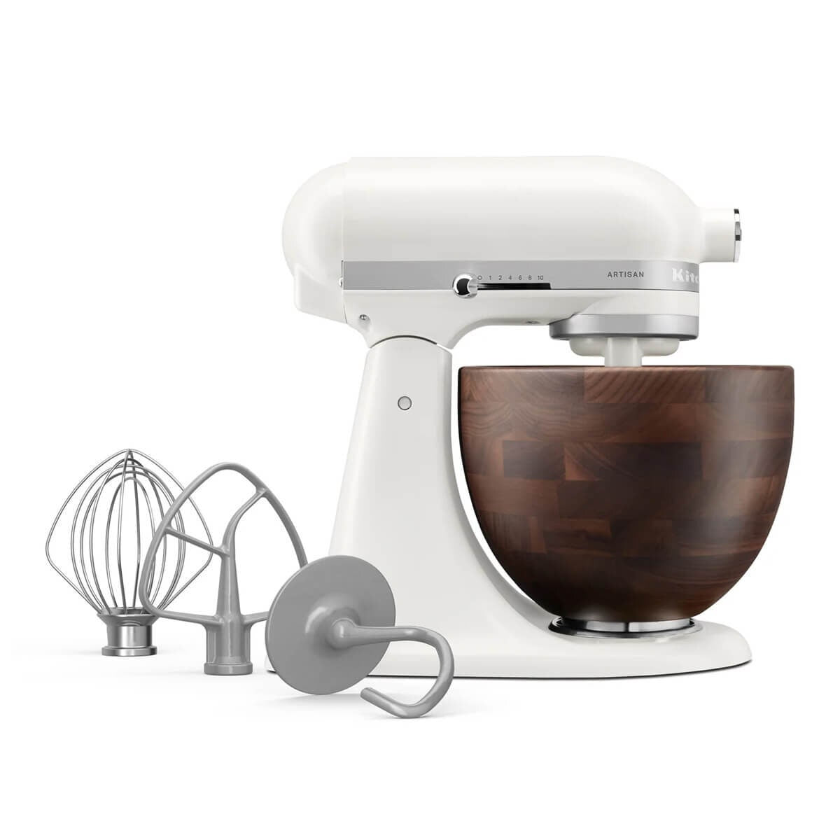 KitchenAid KSM156 Artisan Stand Mixer - Porcelain White, Walnut Wood Bowl, 10 Speeds - 5KSM156WBAPL