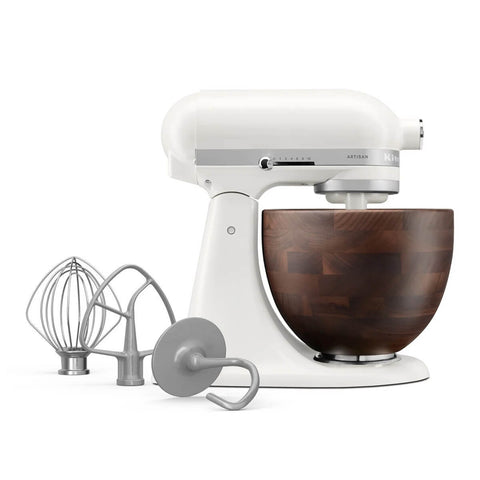 KitchenAid KSM156 Artisan Stand Mixer - Porcelain White, Walnut Wood Bowl, 10 Speeds - 5KSM156WBAPL