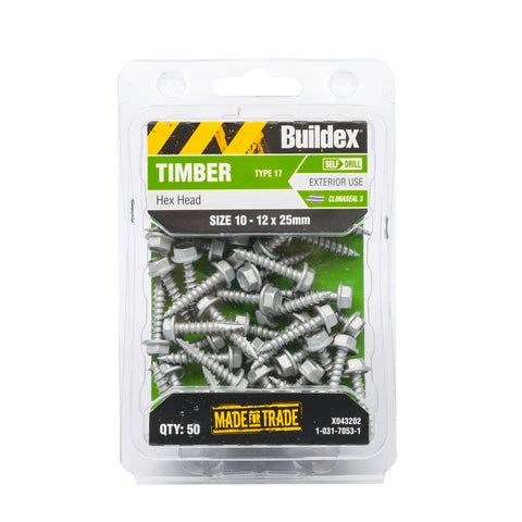 Buildex Timber Screws 10x25mm Galvanised Steel Hex Head 50 Pack - SuperSaverAU - view 1