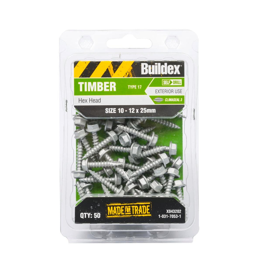 Buildex Timber Screws 10x25mm Galvanised Steel Hex Head 50 Pack - SuperSaverAU - view 1