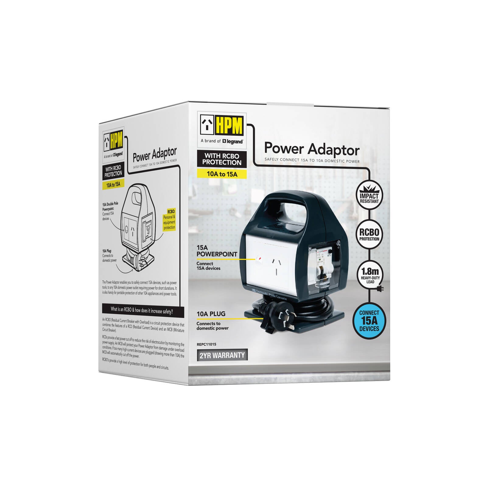 HPM 15A Single Outlet Power Convertor with RCBO Protection, Black PVC
