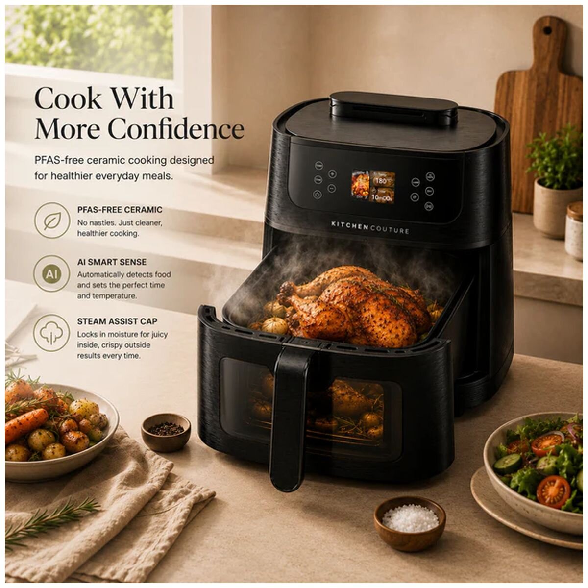 Kitchen Couture AutoCook Air Fryer 8L - Black - Steam Assist, 25 Presets, Ceramic Basket - 10005853