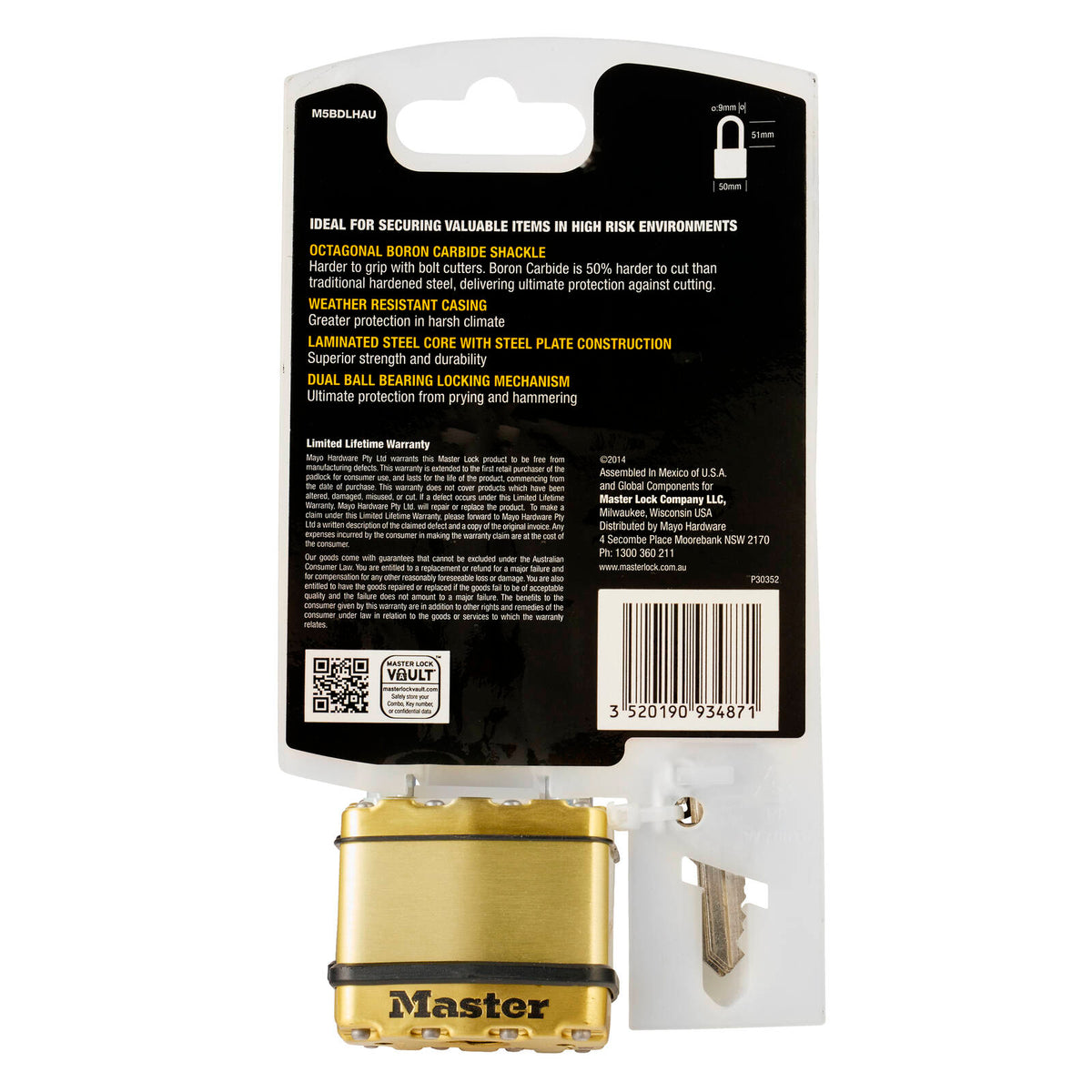 Master Lock 50mm Excell Long Shackle Padlock - Laminated Steel, 51mm Clearance
