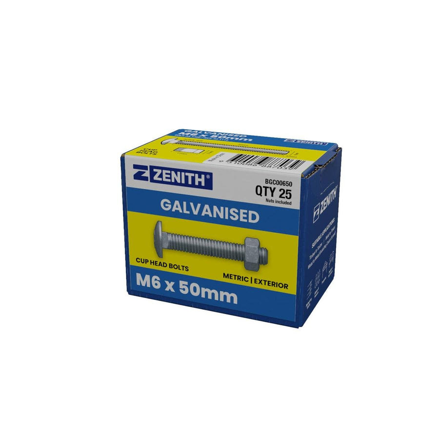Zenith M6 x 50mm Hot Dip Galvanised Cup Head Bolts Nuts 25 Pack - SuperSaverAU - view 1