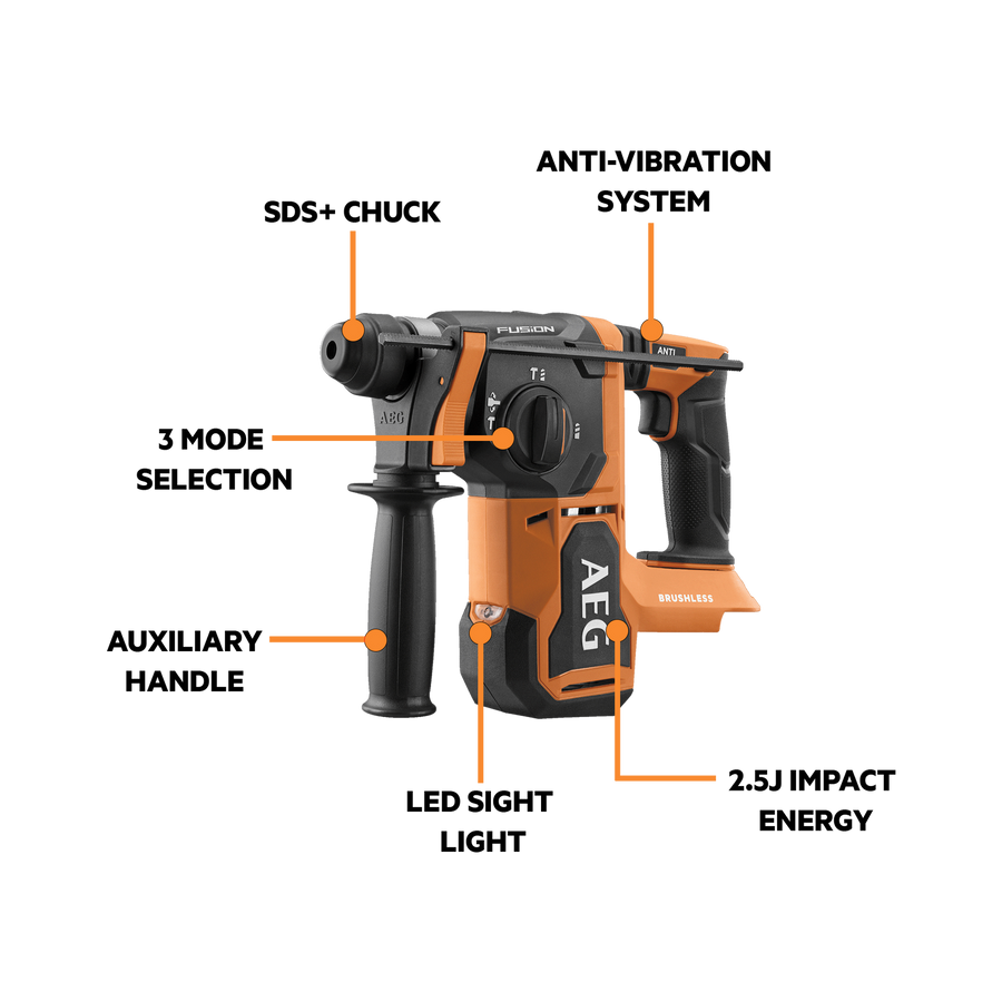 AEG 18V 26mm Fusion SDS Plus Rotary Hammer Drill A18FRH0 - Skin Only