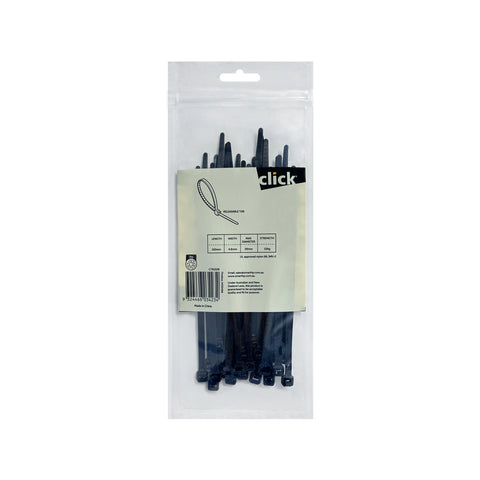 Click 100mm Black Releasable Nylon Cable Tie UV Resistant 25 Pack CTR100B